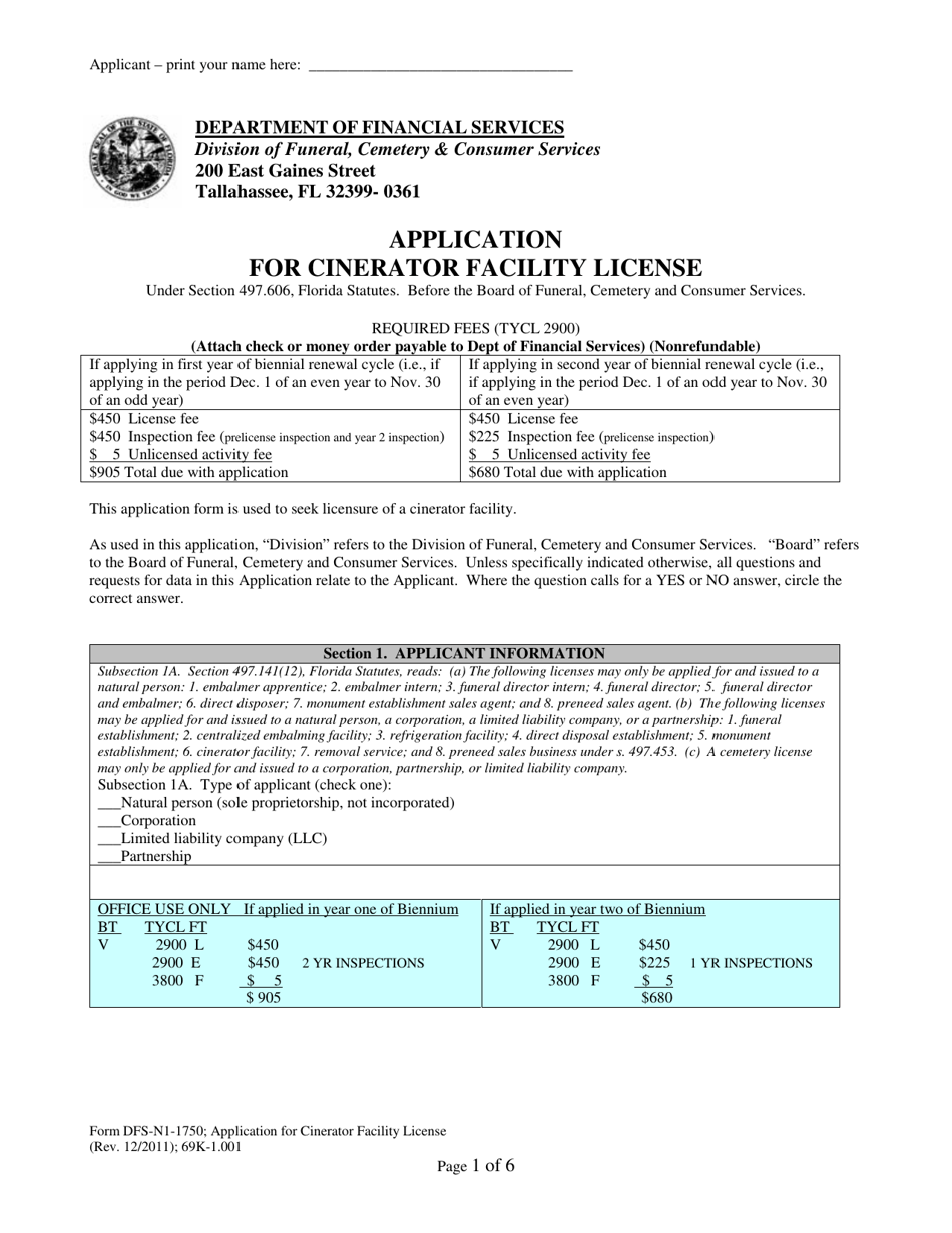 Form DFS-N1-1750 Application for Cinerator Facility License - Florida, Page 1
