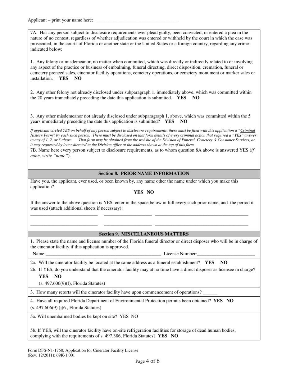 Form DFS-N1-1750 Application for Cinerator Facility License - Florida, Page 4
