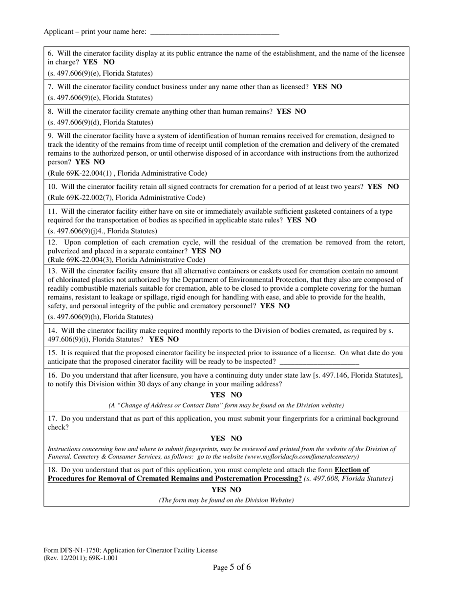 Form DFS-N1-1750 Application for Cinerator Facility License - Florida, Page 5
