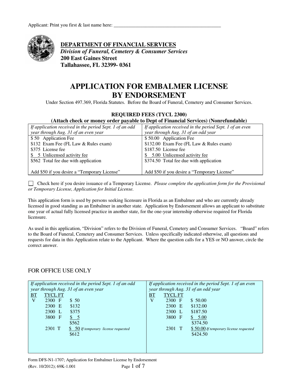 Form DFS-N1-1707 Application for Embalmer License by Endorsement - Florida, Page 1