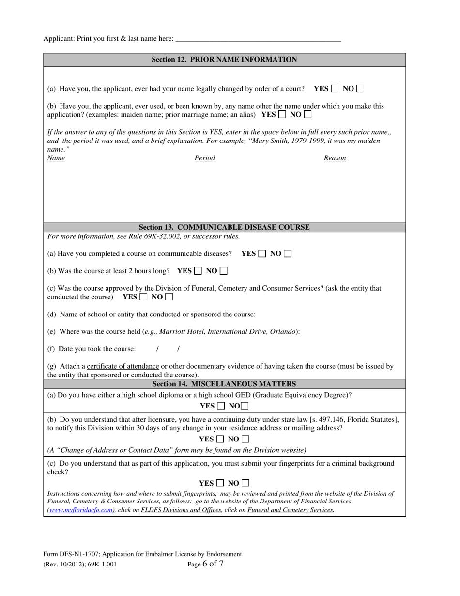 Form DFS-N1-1707 Application for Embalmer License by Endorsement - Florida, Page 6