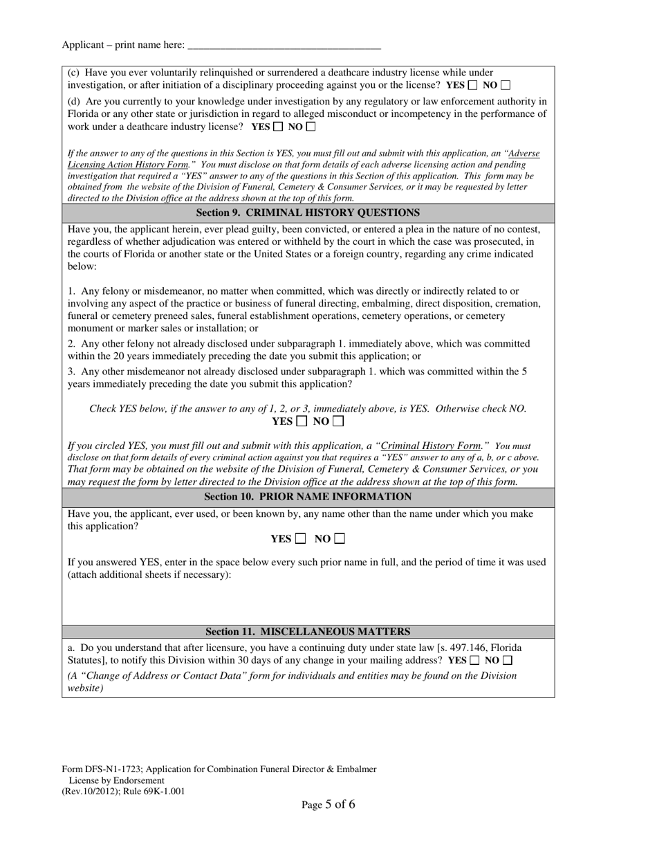 Form DFS-N1-1723 Application for Combination Funeral Director  Embalmer License by Endorsement - Florida, Page 5