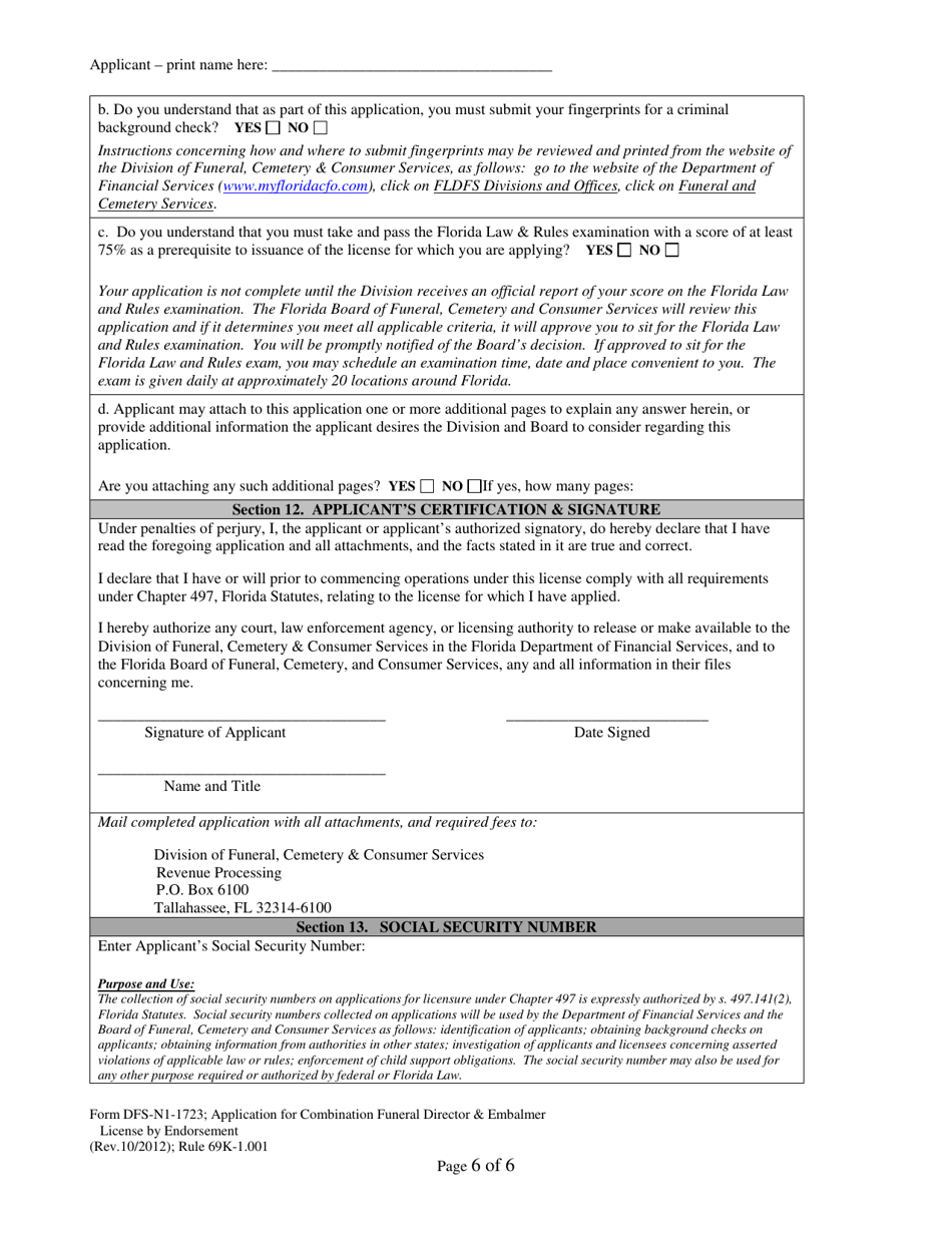 Form DFS-N1-1723 Application for Combination Funeral Director  Embalmer License by Endorsement - Florida, Page 6
