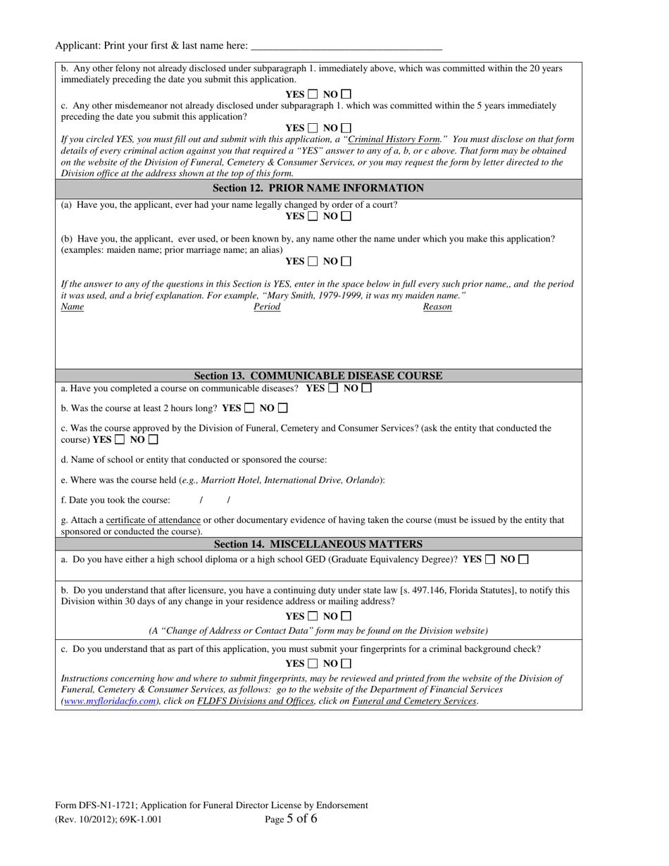 Form DFS-N1-1721 Application for Funeral Director License by Endorsement - Florida, Page 5