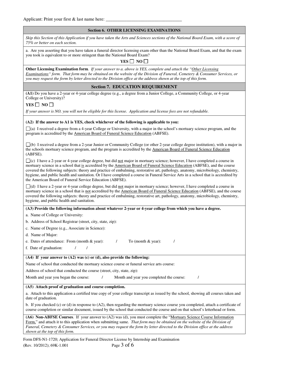 Form DFS-N1-1720 Application for Funeral Director License by Internship and Examination - Florida, Page 3