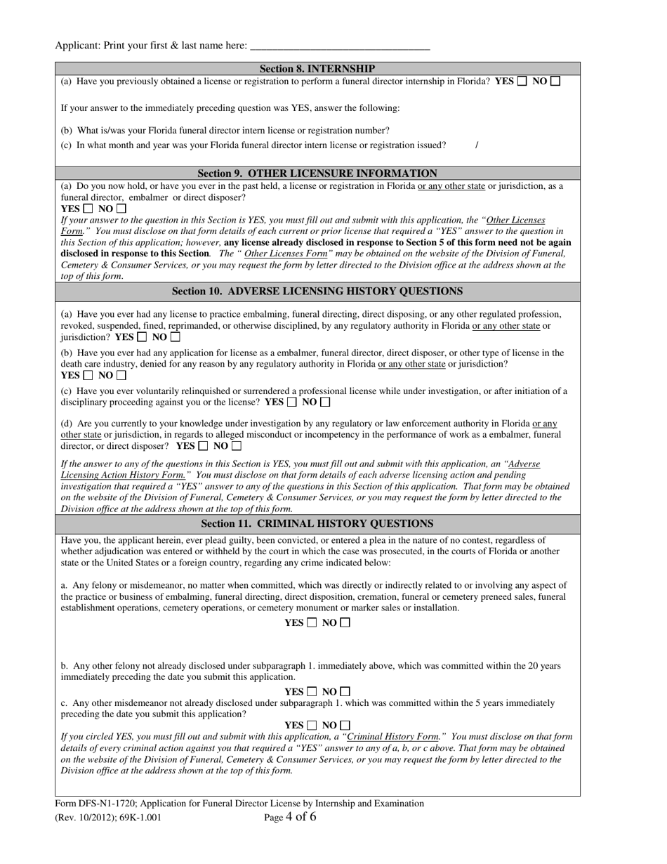 Form DFS-N1-1720 Application for Funeral Director License by Internship and Examination - Florida, Page 4