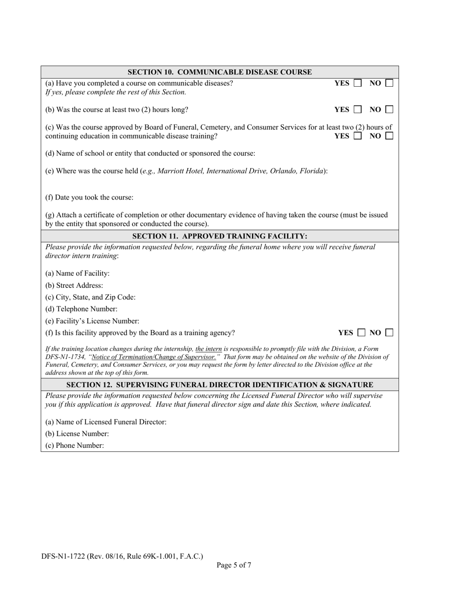 Form DFS-N1-1722 Application for Funeral Director Intern License - Florida, Page 5