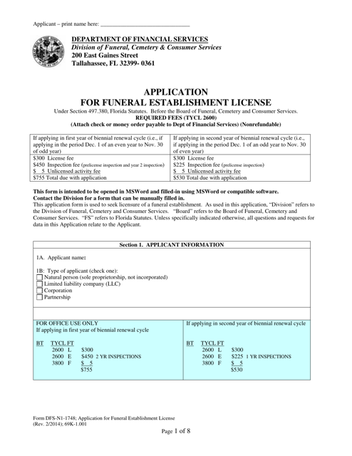 Form DFS-N1-1748 Application for Funeral Establishment License - Florida