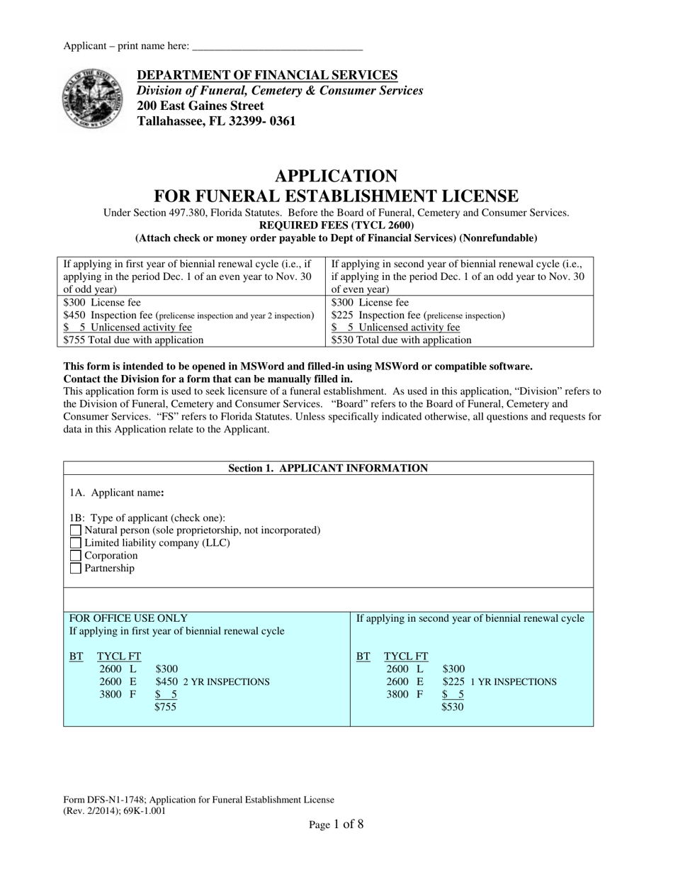 Form DFS-N1-1748 Application for Funeral Establishment License - Florida, Page 1