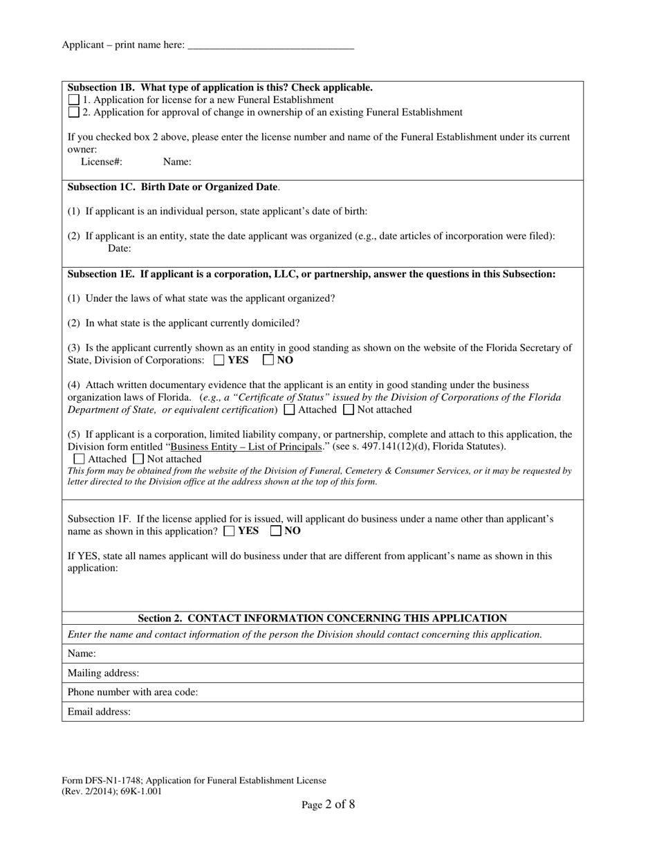 Form DFS-N1-1748 Application for Funeral Establishment License - Florida, Page 2