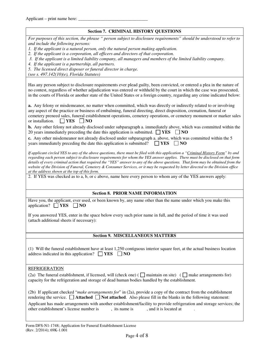 Form DFS-N1-1748 Application for Funeral Establishment License - Florida, Page 4