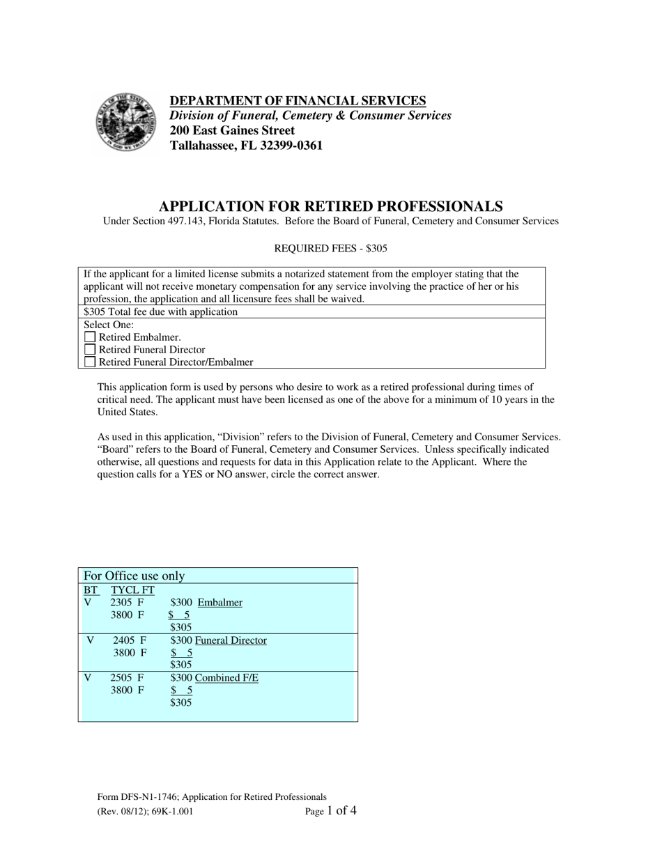 Form DFS-N1-1746 Application for Retired Professionals - Florida, Page 1