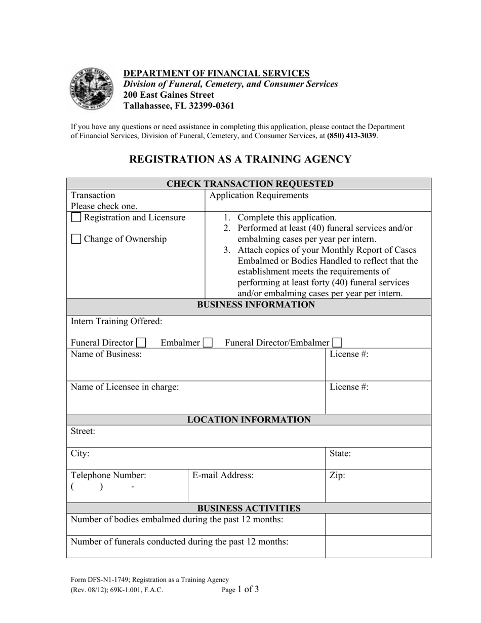 Form DFS-N1-1749 Registration as a Training Agency - Florida, Page 1