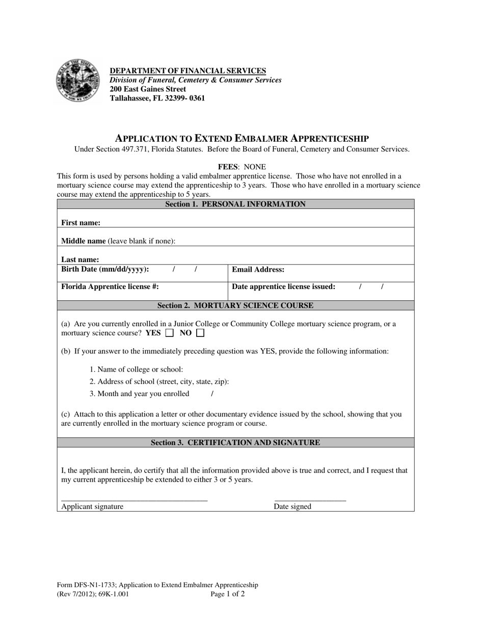 Form DFS-N1-1733 Application to Extend Embalmer Apprenticeship - Florida, Page 1