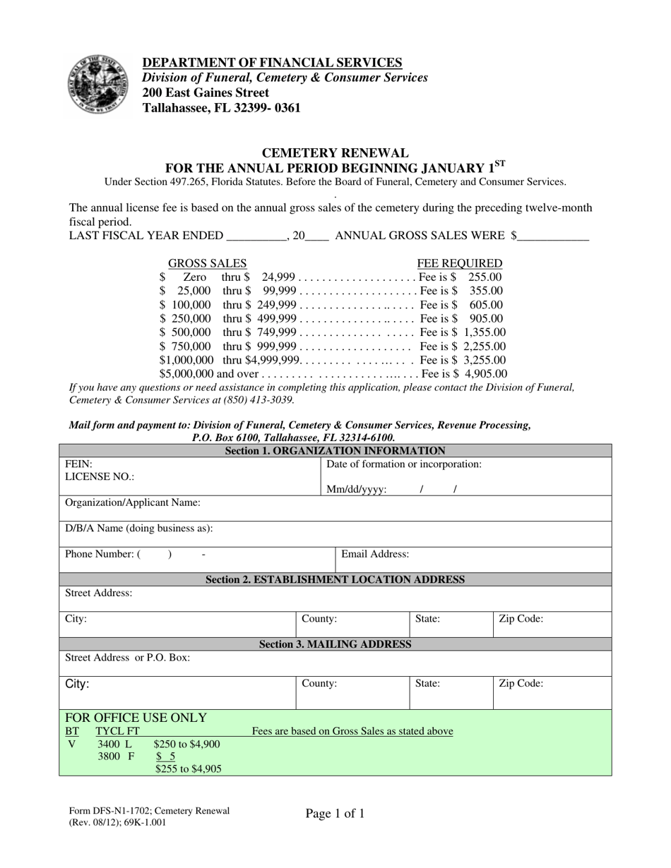 Form DFS-N1-1702 Cemetery Renewal - Florida, Page 1