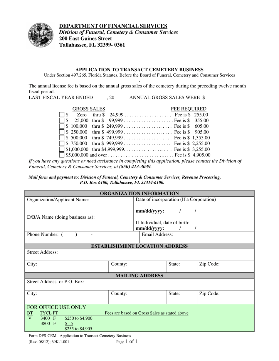 Form DFS-CEM Application to Transact Cemetery Business - Florida, Page 1