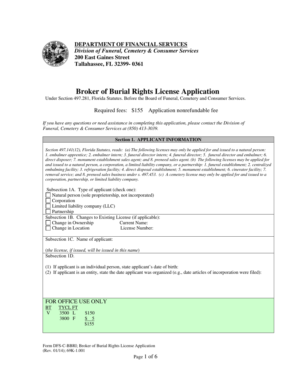 Form DFS-C-BBRI Broker of Burial Rights License Application - Florida, Page 1