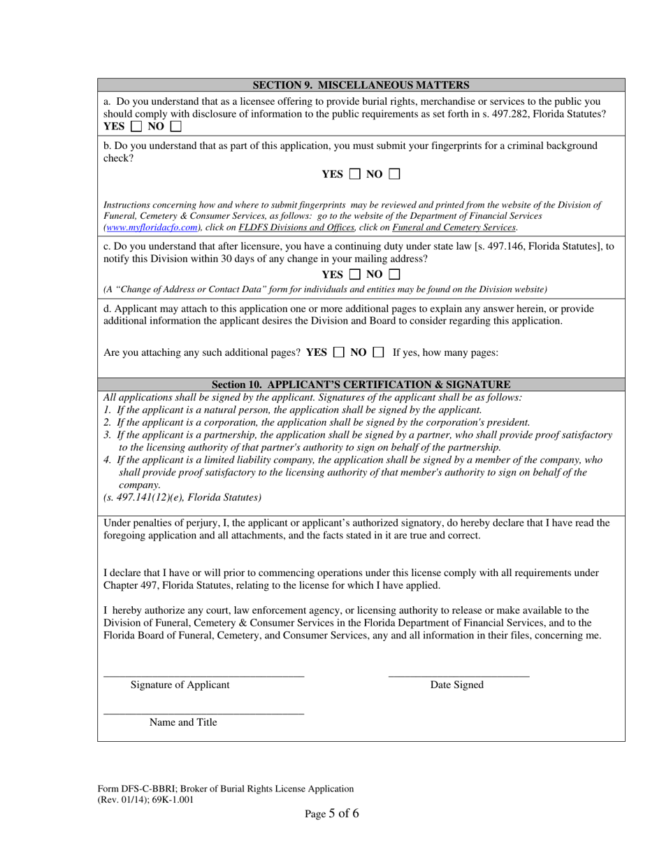 Form DFS-C-BBRI Broker of Burial Rights License Application - Florida, Page 5