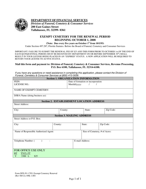 Form DFS-N1-1703 Exempt Cemetery Renewal - Florida