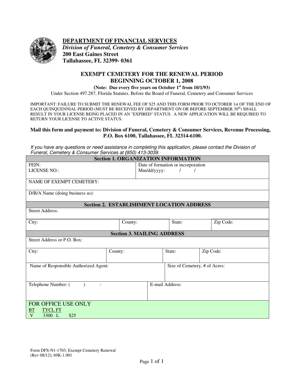 Form DFS-N1-1703 Exempt Cemetery Renewal - Florida, Page 1