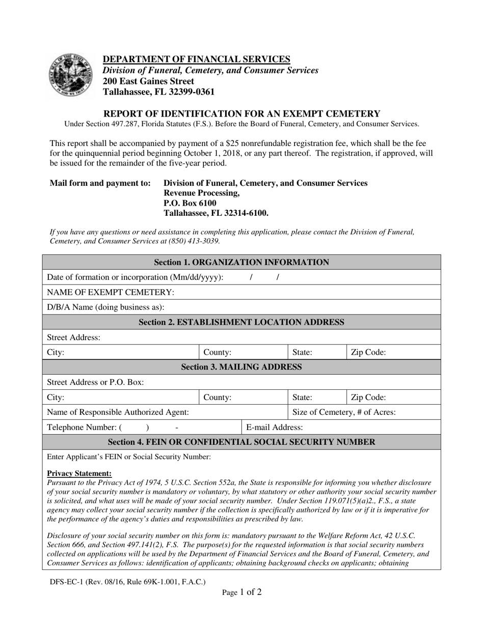 Form DFS-EC-1 Report of Identification for an Exempt Cemetery - Florida, Page 1