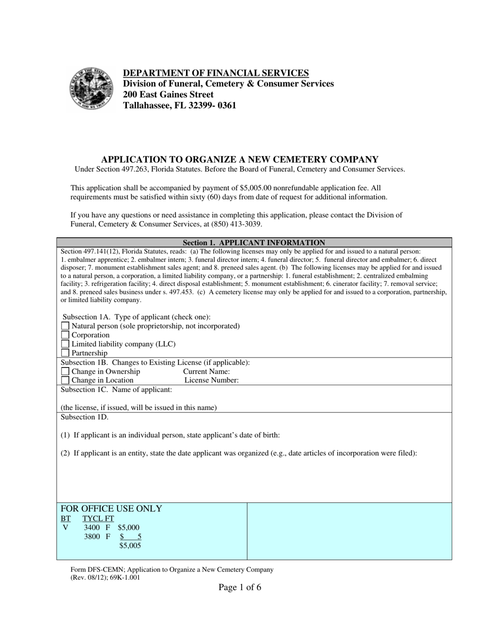 Form DFS-CEMN Application to Organize a New Cemetery Company - Florida, Page 1