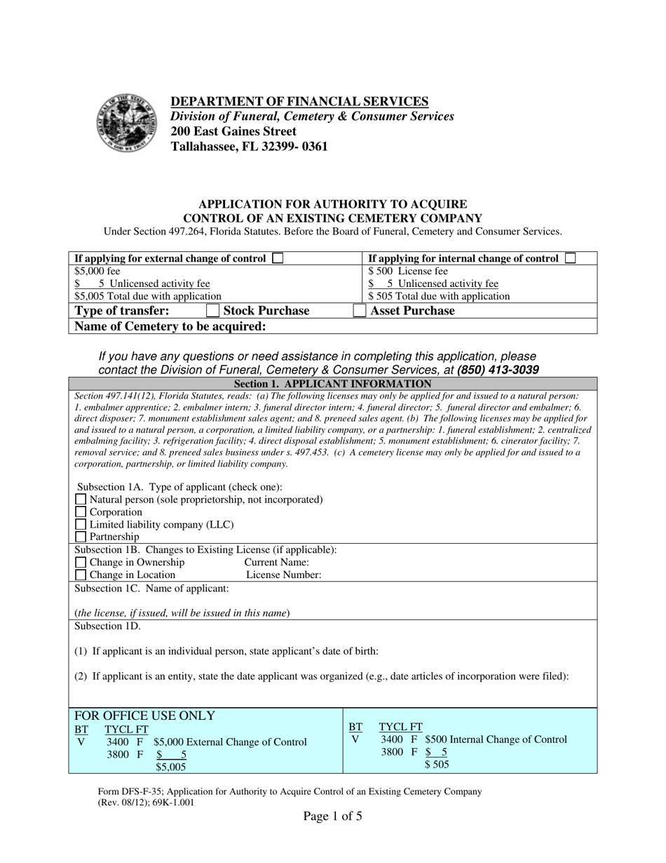 Form DFS-F-35 Application for Authority to Acquire Control of an Existing Cemetery Company - Florida, Page 1