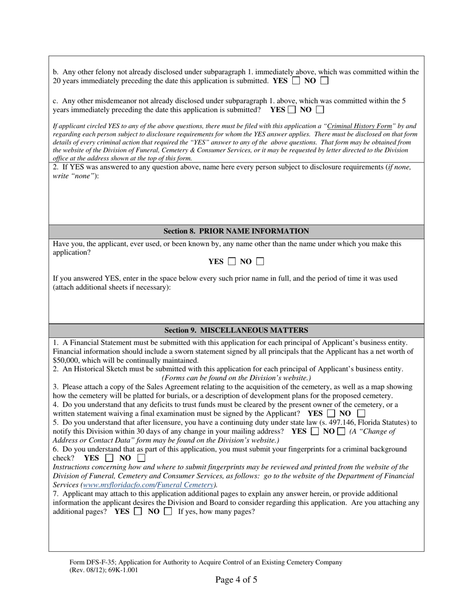 Form DFS-F-35 Application for Authority to Acquire Control of an Existing Cemetery Company - Florida, Page 4