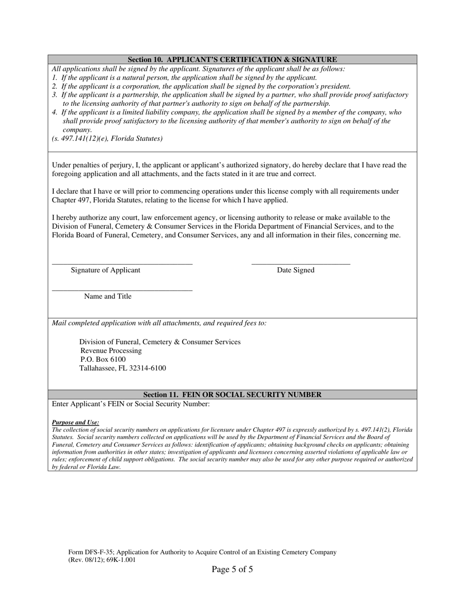 Form DFS-F-35 Application for Authority to Acquire Control of an Existing Cemetery Company - Florida, Page 5
