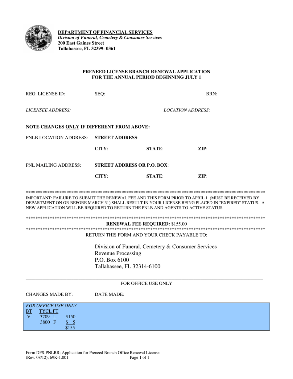 Form DFS-PNLBR Application for Preneed Branch Renewal License - Florida, Page 1