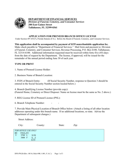 Form DFS-PNLB Application for Preneed Branch Office License - Florida