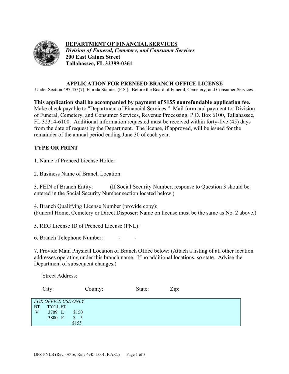 Form DFS-PNLB Application for Preneed Branch Office License - Florida, Page 1