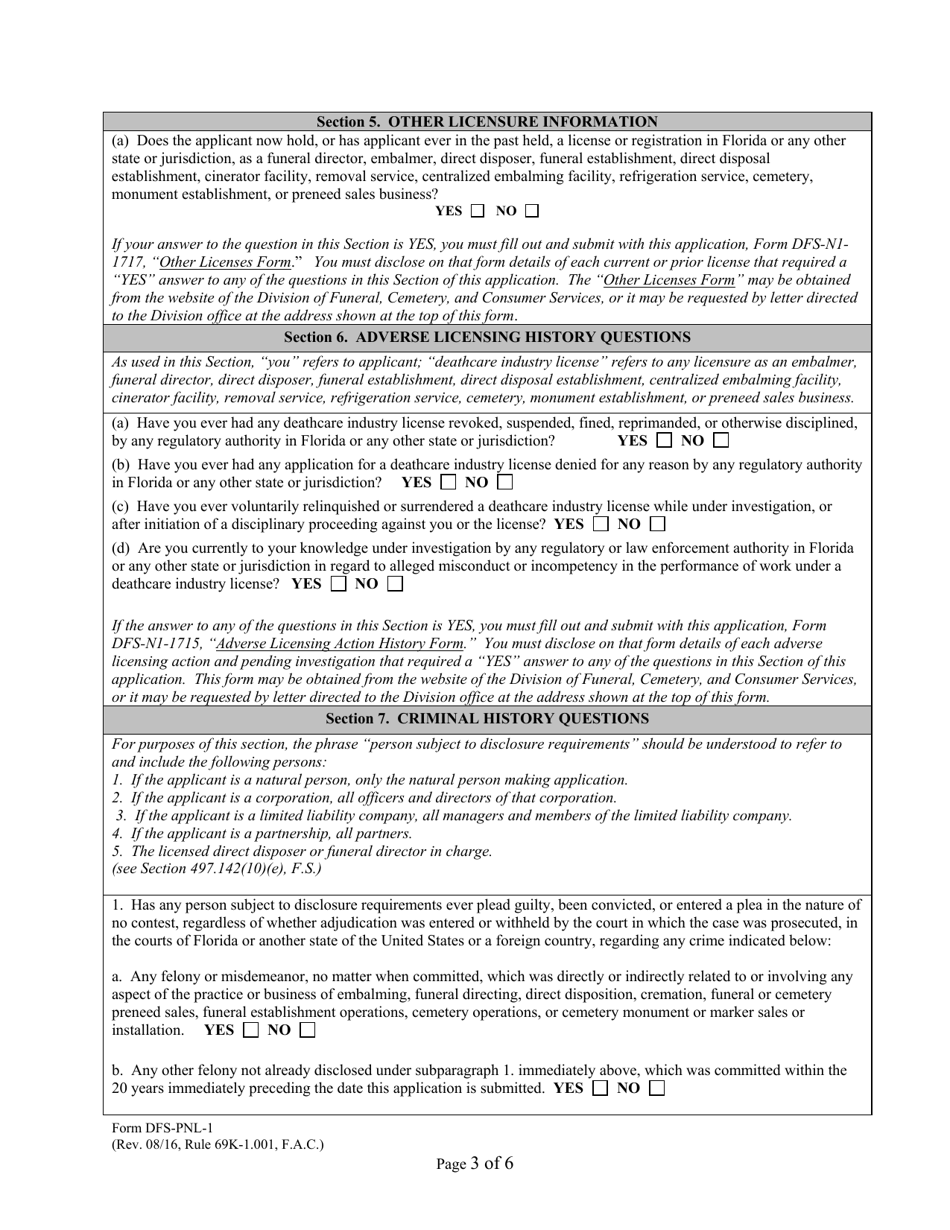Form DFS-PNL-1 Application for Preneed License - Florida, Page 3