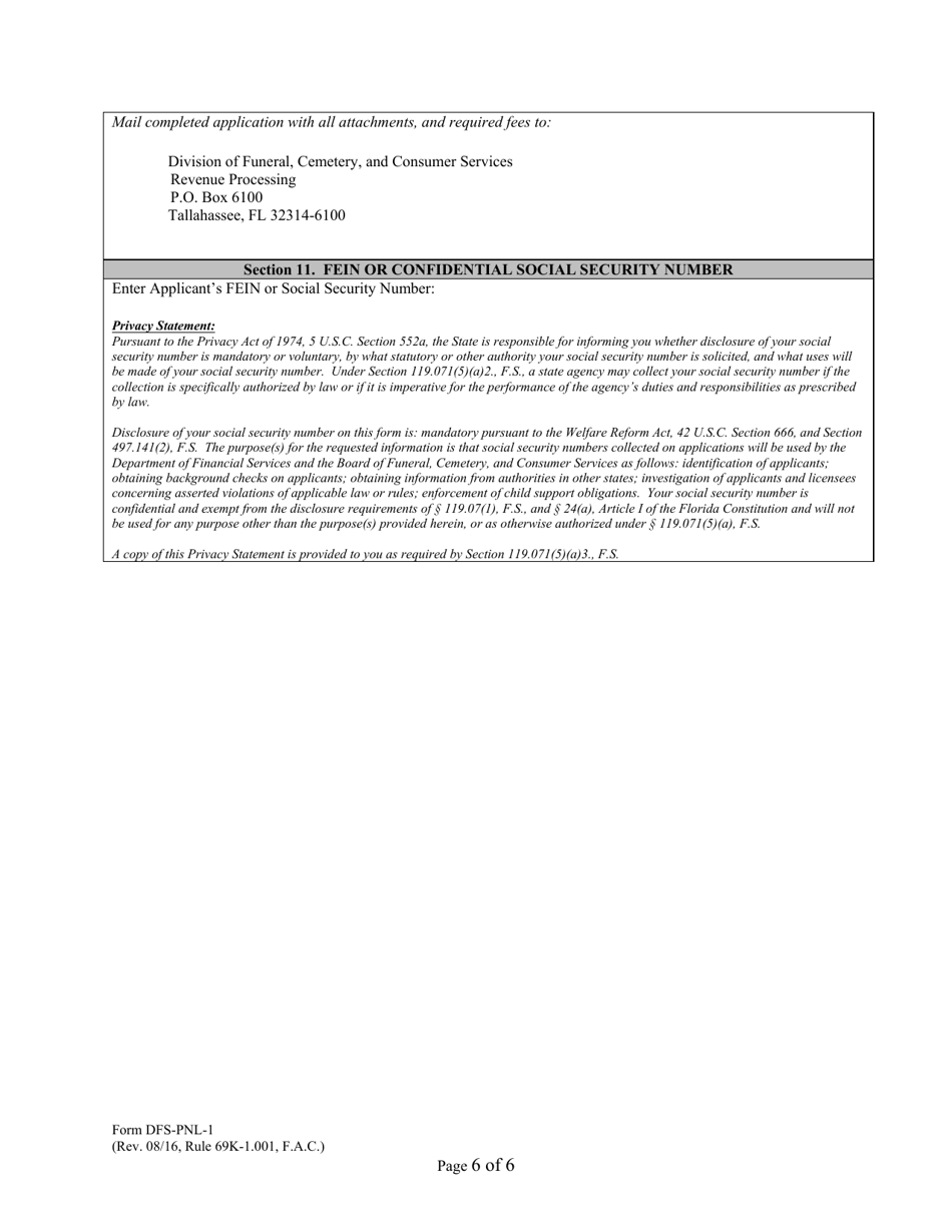 Form DFS-PNL-1 Application for Preneed License - Florida, Page 6