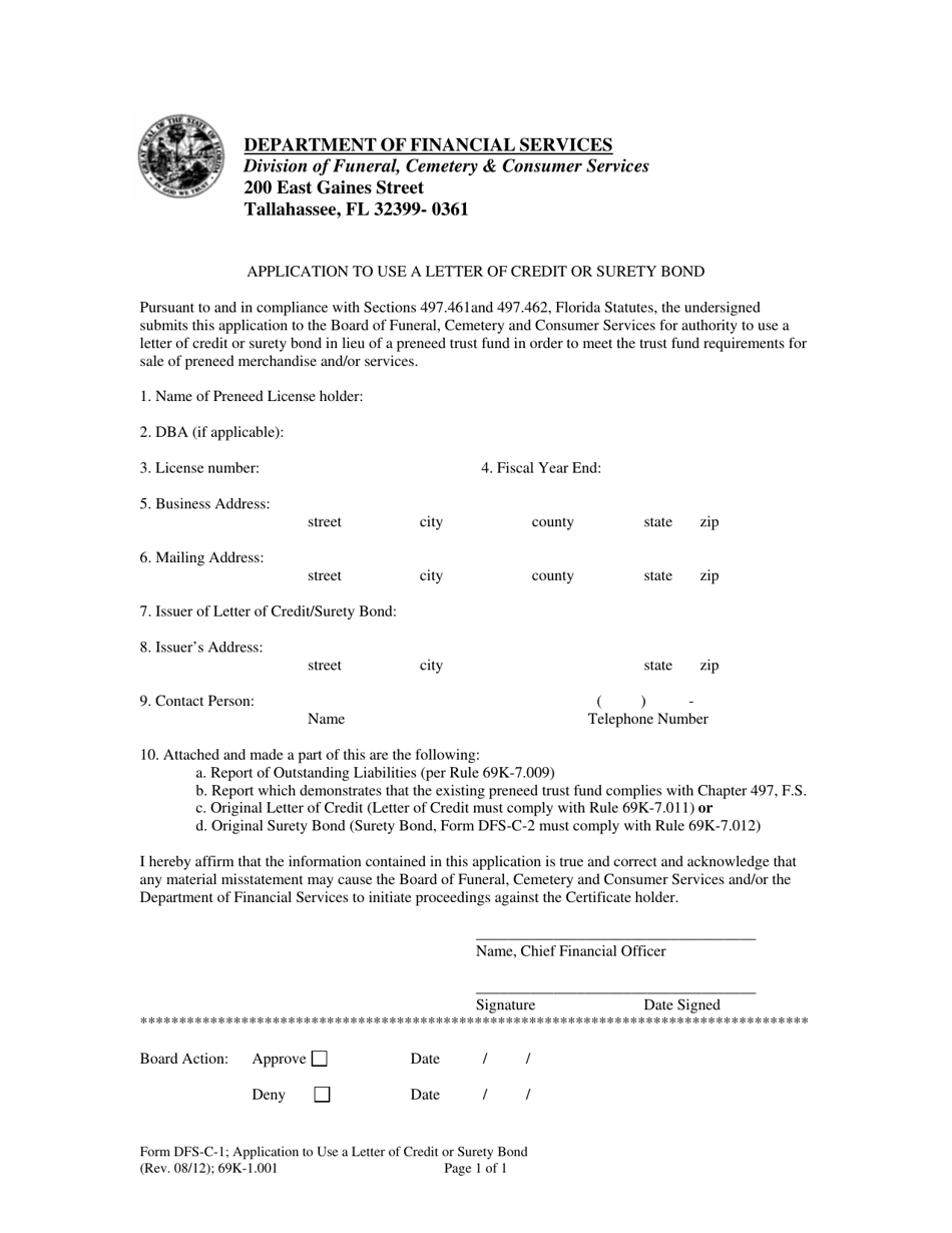 Form DFS-C-1 Application to Use a Letter of Credit or Surety Bond - Florida, Page 1