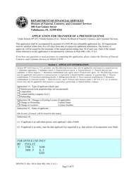 Form DFS-PNLT1 &quot;Application for Transfer of a Preneed License&quot; - Florida