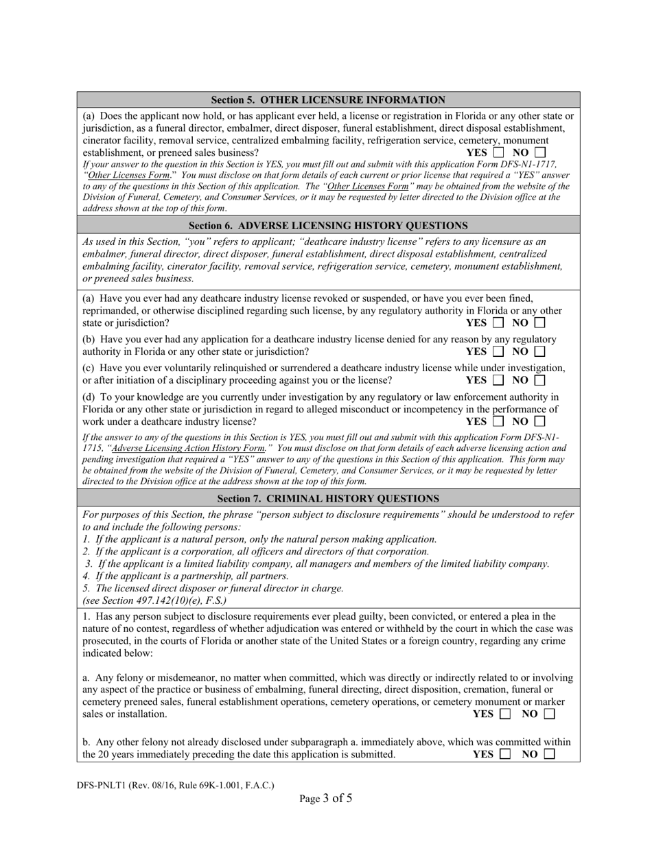 Form DFS-PNLT1 Application for Transfer of a Preneed License - Florida, Page 3
