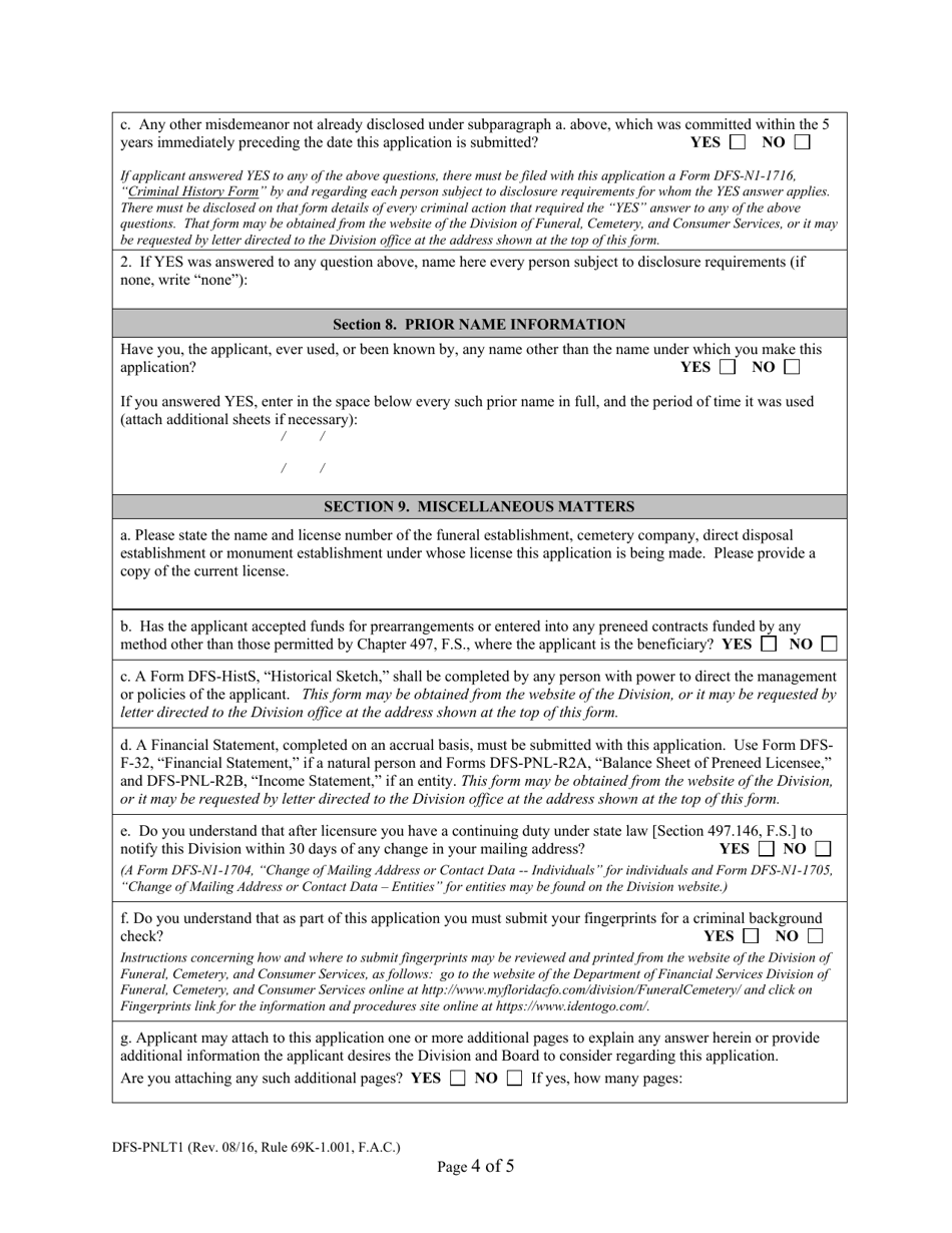 Form DFS-PNLT1 Application for Transfer of a Preneed License - Florida, Page 4
