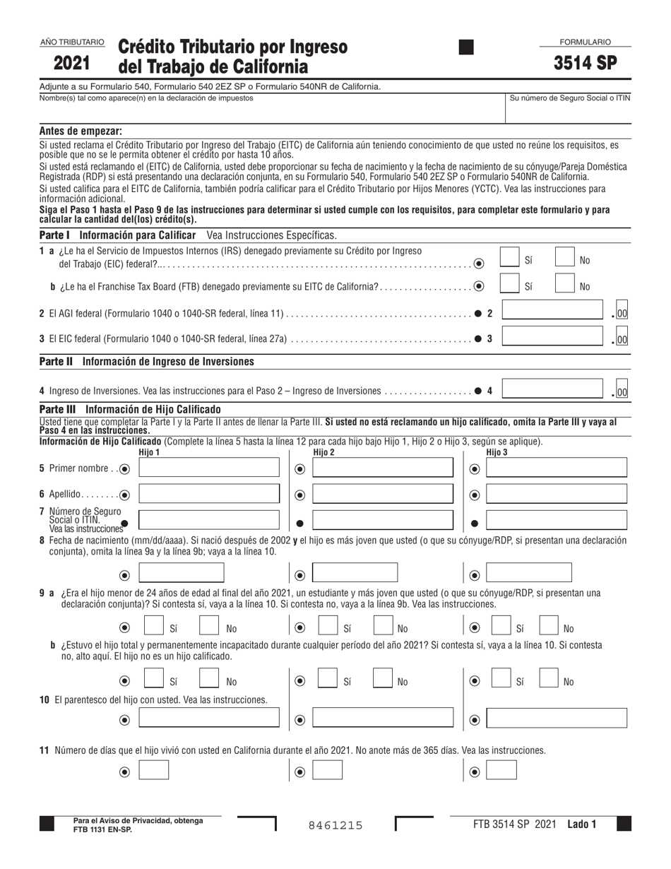 Formulario FTB3514 SP Credito Tributario Por Ingreso Del Trabajo De California - California (Spanish), Page 1