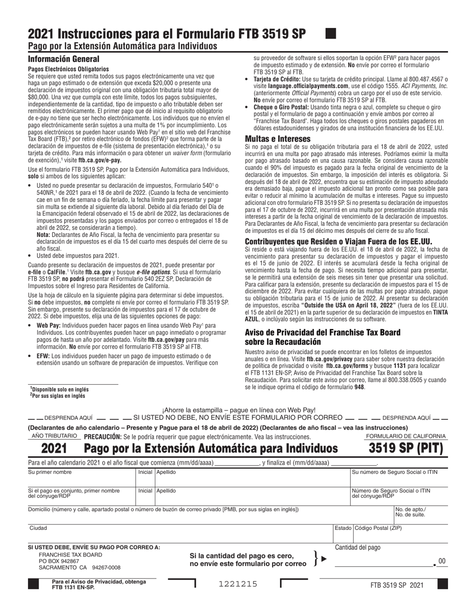 Formulario FTB3519 SP Pago Por La Extension Automatica Para Individuos - California (Spanish), Page 1