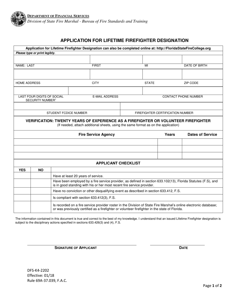 Form DFS-K4-2202 Application for Lifetime Firefighter Designation - Florida, Page 1