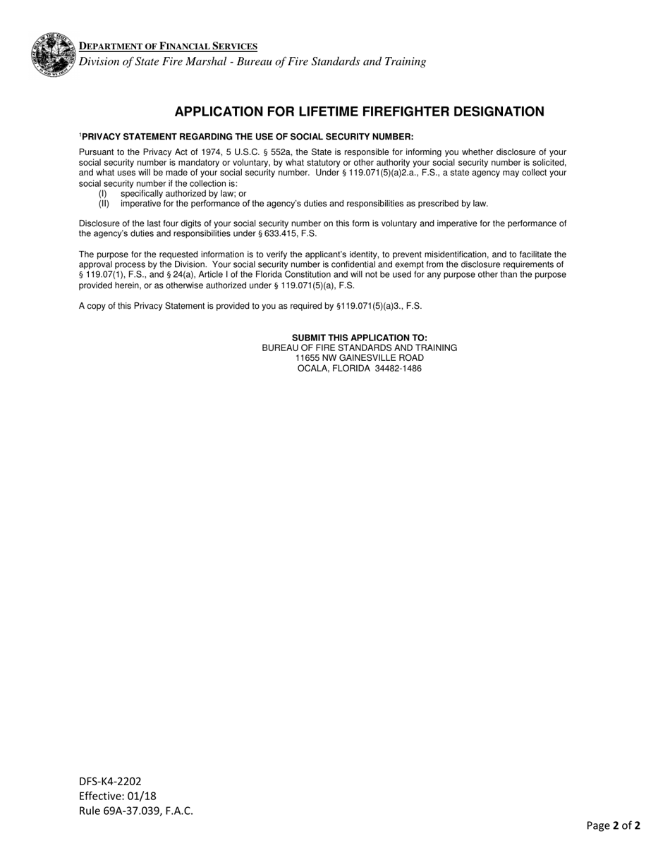 Form DFS-K4-2202 Application for Lifetime Firefighter Designation - Florida, Page 2