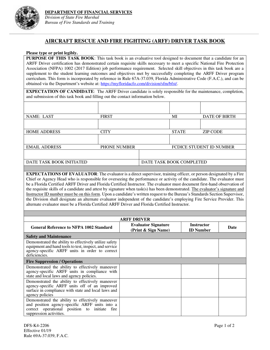 Form DFS-K4-2206 Aircraft Rescue and Fire Fighting (Arff) Driver Task Book - Florida, Page 1