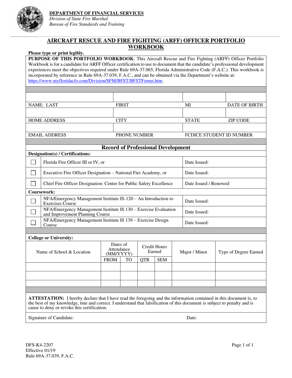 Form DFS-K4-2207 Aircraft Rescue and Fire Fighting (Arff) Officer Portfolio Workbook - Florida, Page 1