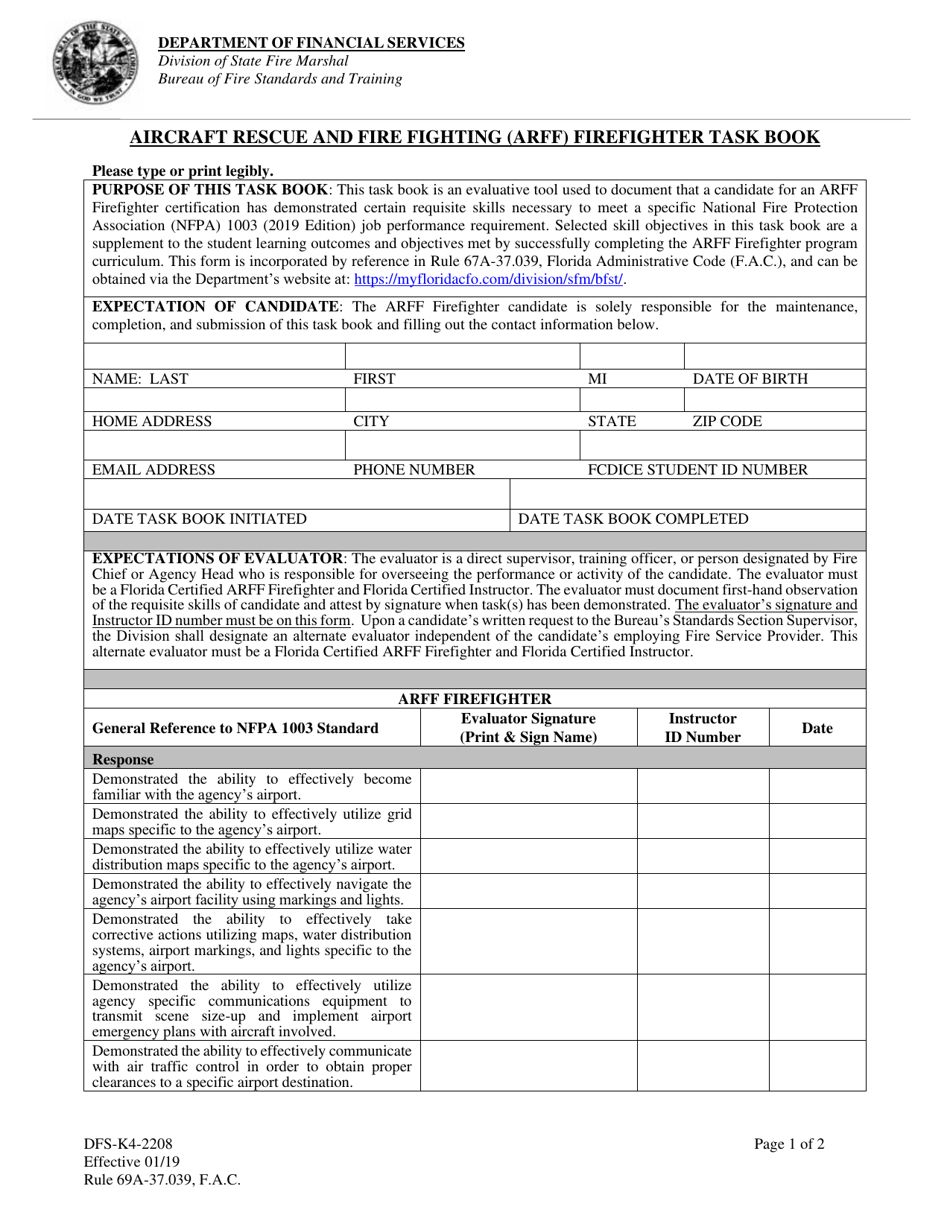 Form DFS-K4-2208 Aircraft Rescue and Fire Fighting (Arff) Firefighter Task Book - Florida, Page 1