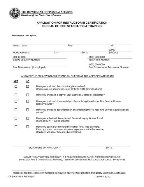 Form DFS-K4-1453 Application for Instructor Iii Certification - Florida