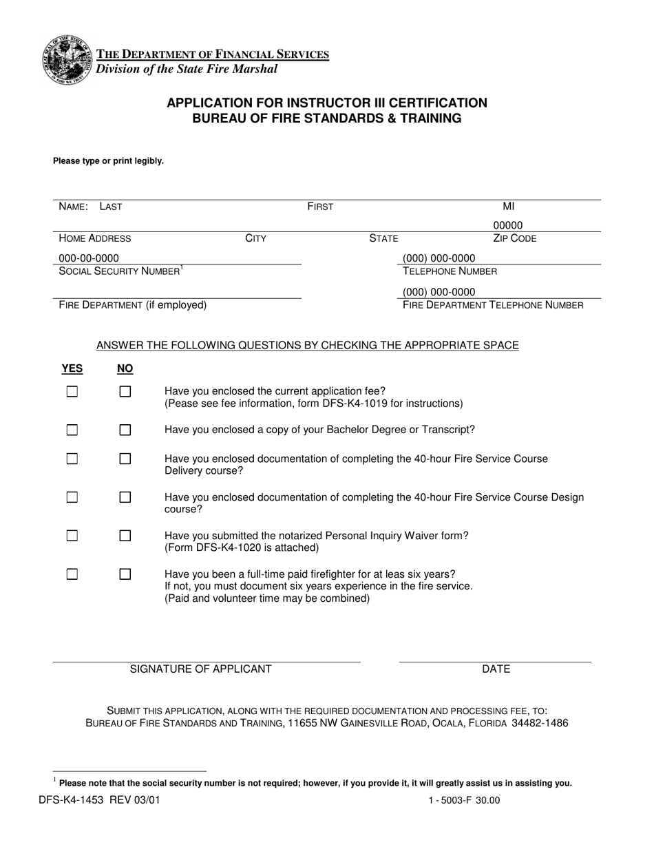 Form DFS-K4-1453 Application for Instructor Iii Certification - Florida, Page 1