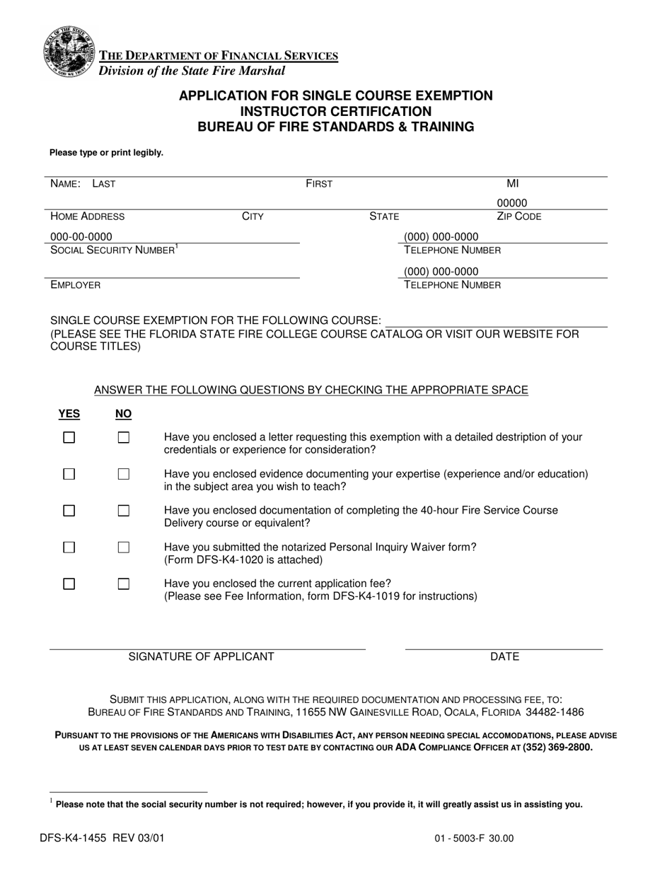 Form DFS-K4-1455 Application for Single Course Exemption Instructor Certification - Florida, Page 1