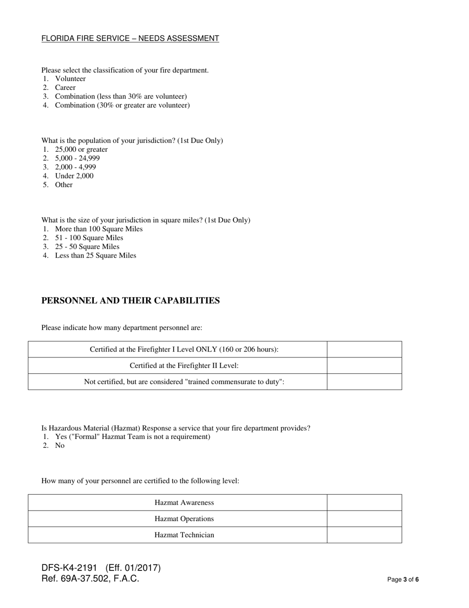 Form DFS-K4-2191 Florida Fire Service - Needs Assessment - Florida, Page 3