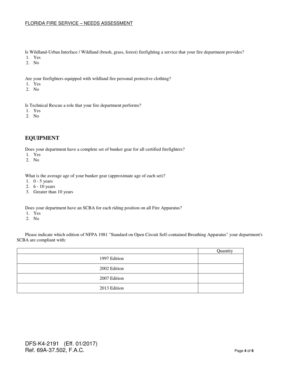 Form DFS-K4-2191 Florida Fire Service - Needs Assessment - Florida, Page 4